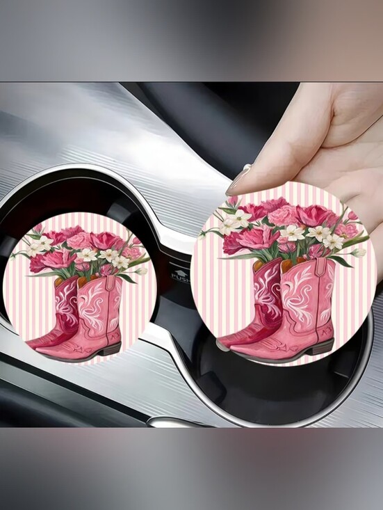 None Other - 2pcs Cowgi4 Boot Car Cup Holder, Floral Style, Anti Slip Coaster